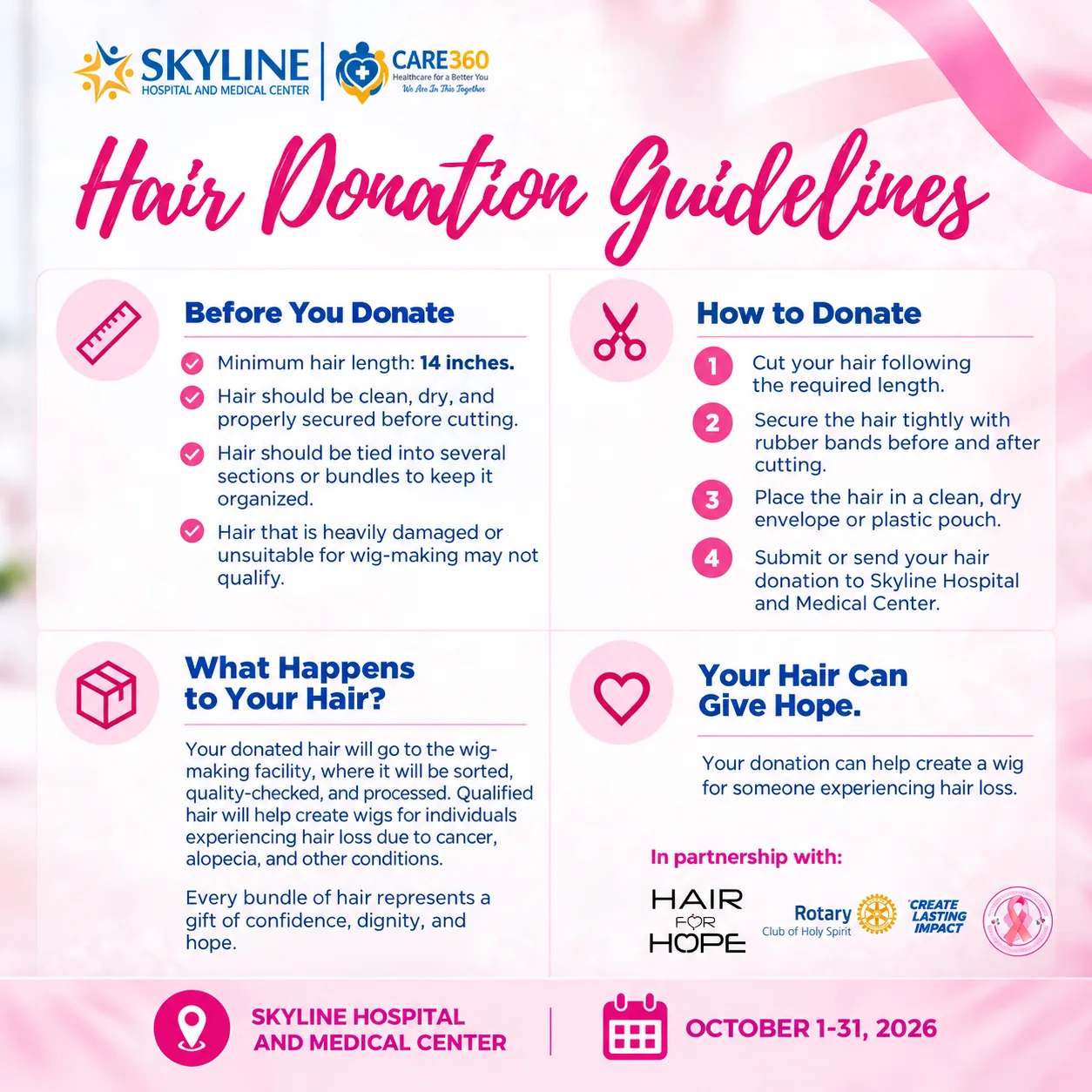 Hair Donation Guidelines poster of Skyline Hospital and Medical Center with Hair for Hope: minimum 14 inches, clean and dry, tied in sections, drop off at Skyline Hospital, 1–31 October 2026